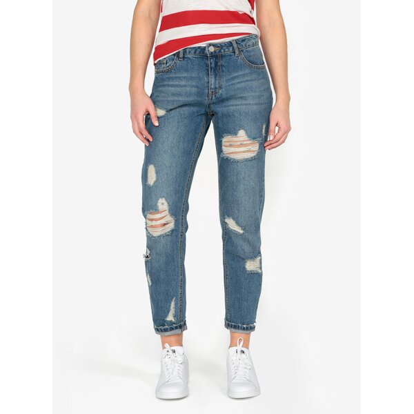 Blugi boyfriend albastri cu aspect deteriorat si talie clasica - MISSGUIDED