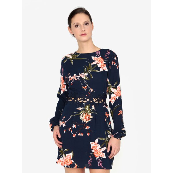 Rochie bleumarin cu print floral si broderie AX PARIS