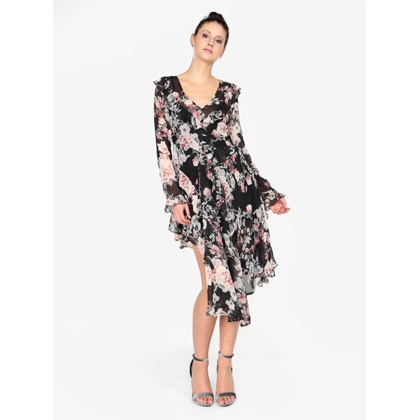 Rochie neagra cu print floral si volane MISSGUIDED