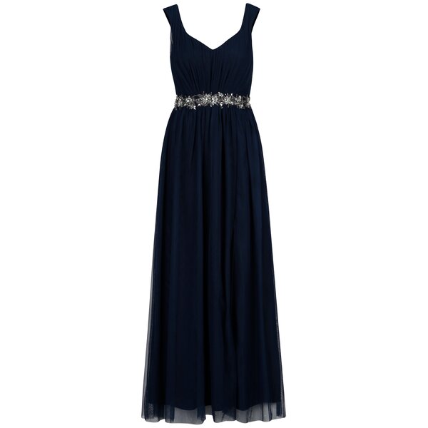 Rochie maxi bleumarin cu pliuri si centura din strasuri - Little Mistress