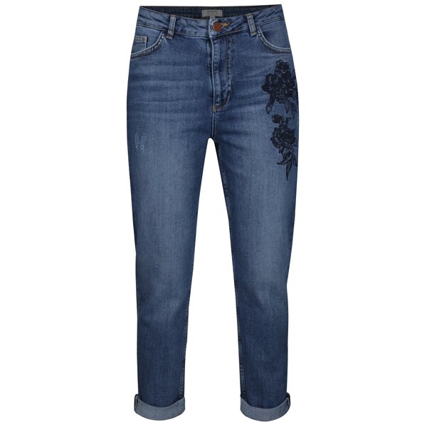 Blugi mom fit albastri cropped cu broderie florala - Dorothy Perkins