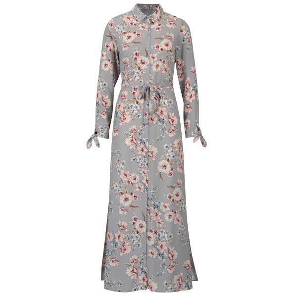 Rochie maxi gri cu print floral si cordon in talie - Dorothy Perkins Petite