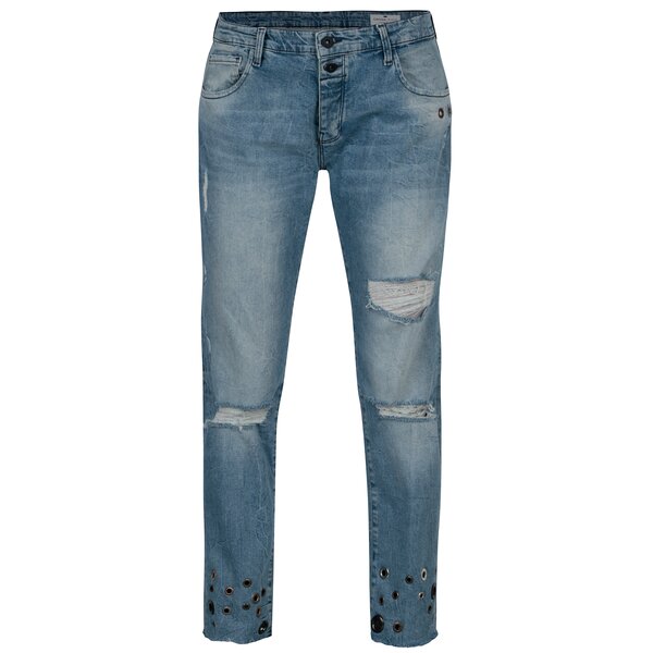 Blugi albastri boyfriend cu aspect uzat si aplicatii metalice - Cross Jeans
