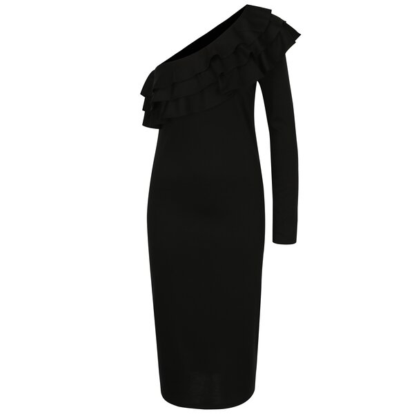 Rochie neagra asimetrica cu volane pe decolteu - VILA Lissy