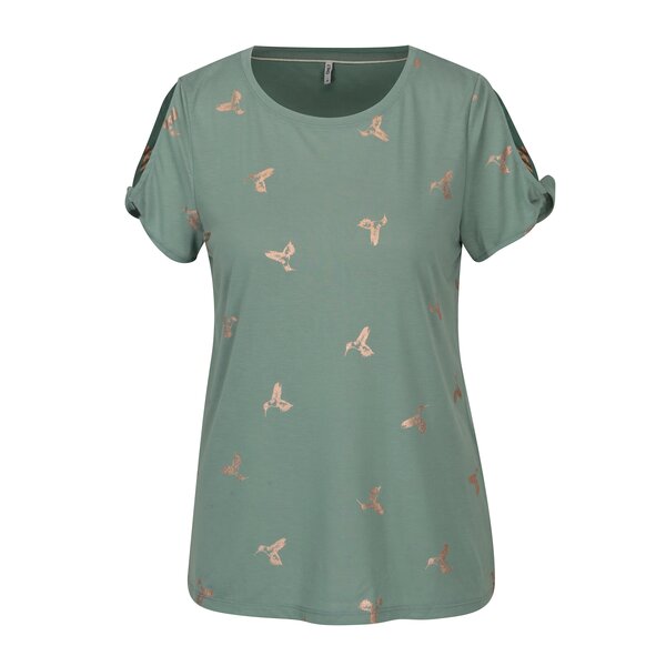 Tricou verde cu print pasari si decupaje pe maneci - ONLY New Isabella