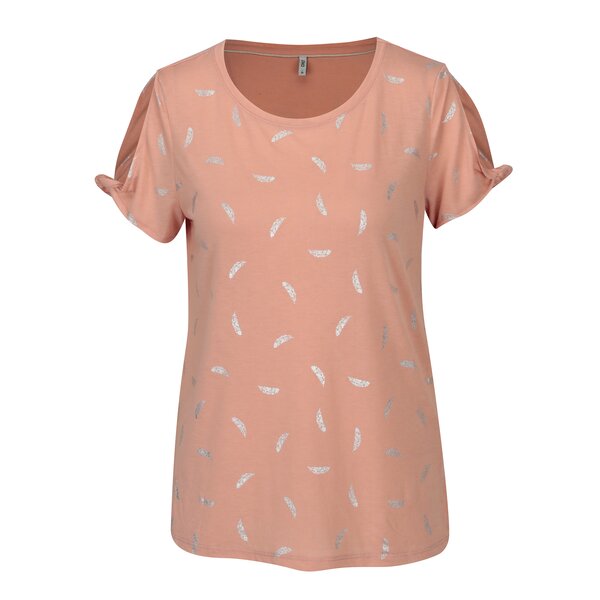 Tricou roz prafuit cu print pene si decupaje pe maneci- ONLY New Isabella