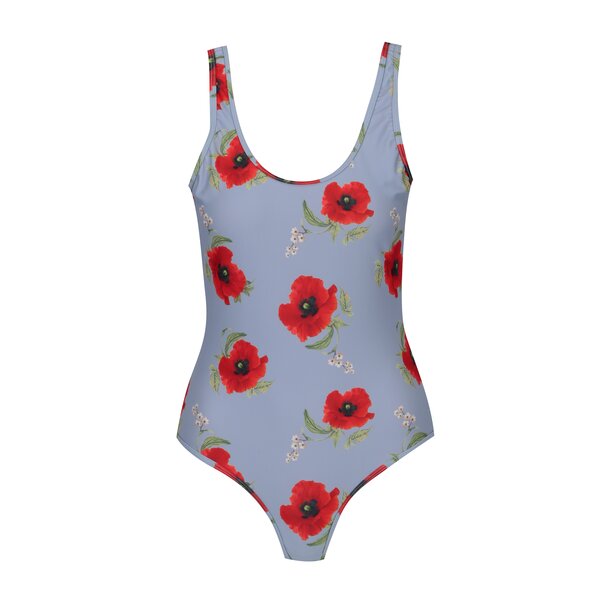 Costum de baie intreg albastru cu print maci - Y.A.S Bloom