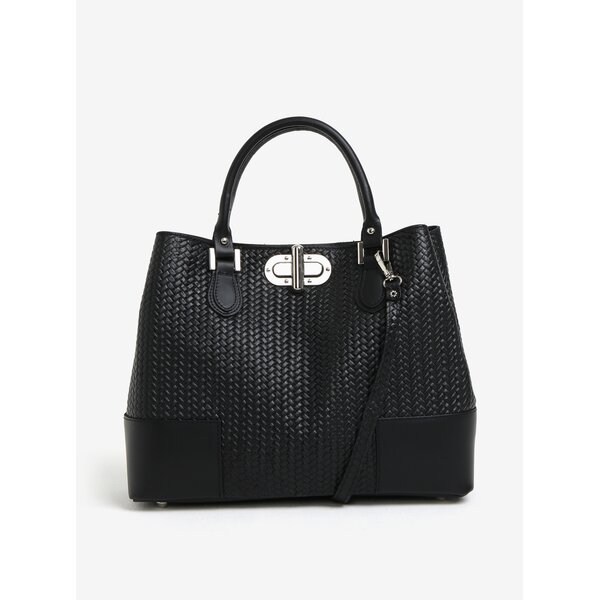 Geanta neagra shopper din piele cu aspect impletit KARA