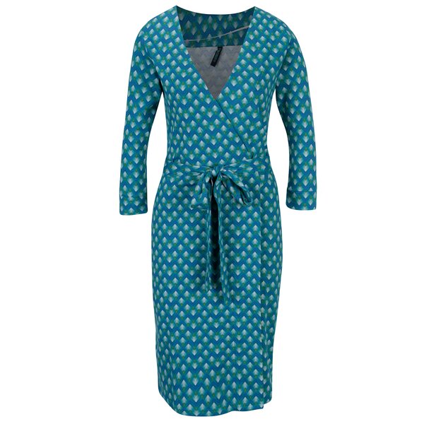 Rochie turcoaz cu print geometric si maneci 3/4 Tranquillo Viride
