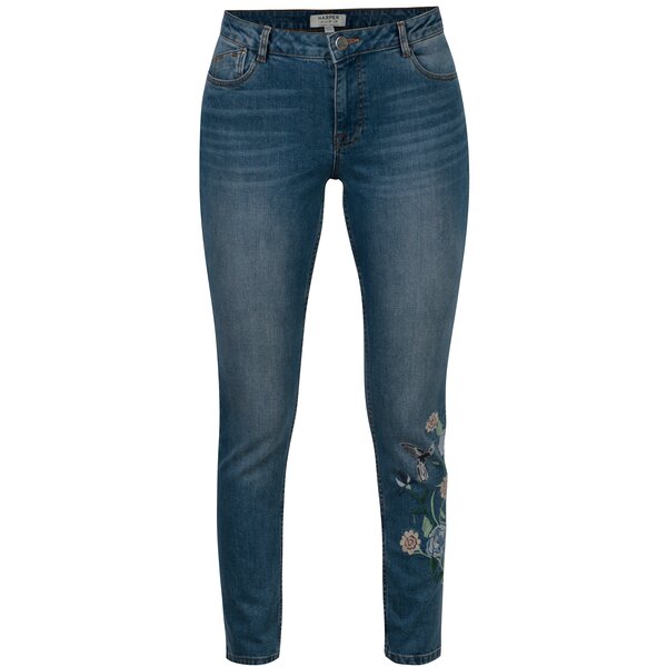Blugi skinny albastri cu aspect prespalat si broderii - Dorothy Perkins
