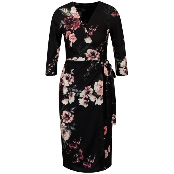 Rochie neagra cu print floral si croi suprapus Dorothy Perkins