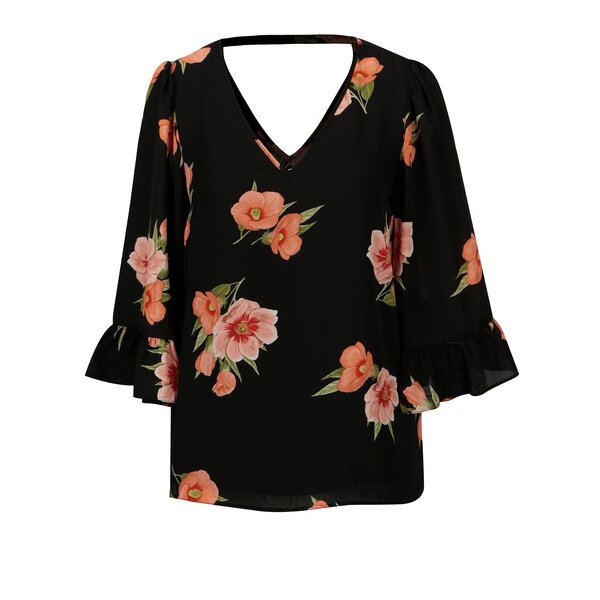 Bluza neagra cu print floral si maneci 3/4 cu volane Dorothy Perkins