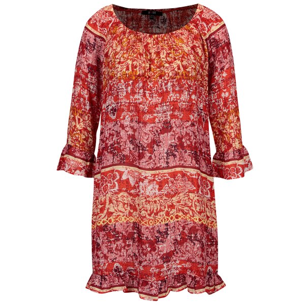 Rochie rosie cu print floral si volane - YEST
