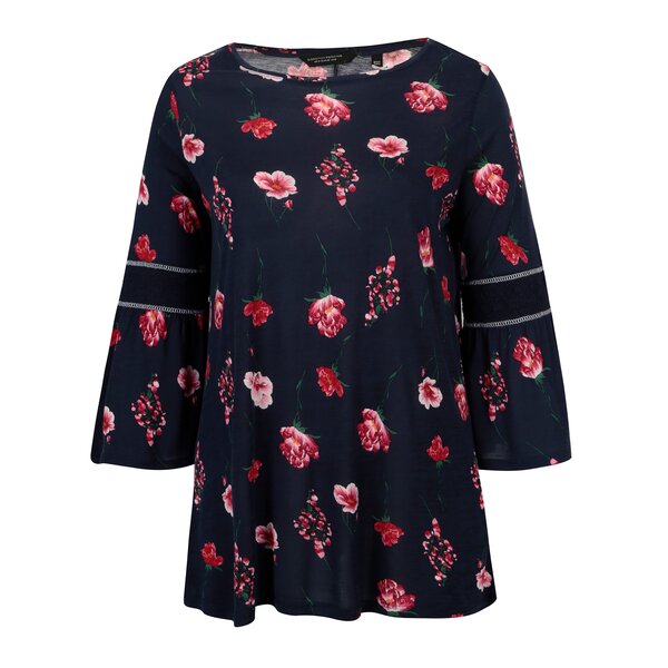 Bluza bleumarin cu print floral si maneci clopot Dorothy Perkins Curve