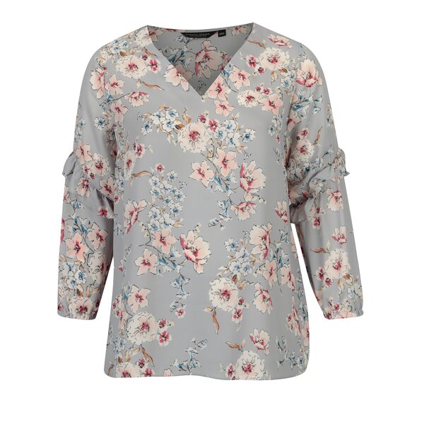 Bluza gri deschis cu print floral si volane Dorothy Perkins Curve