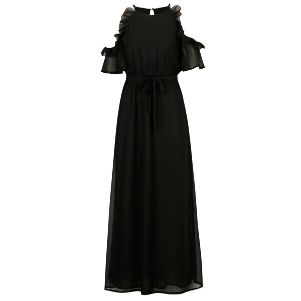Rochie cold shoulder neagra cu volane si cordon in talie - Mela London