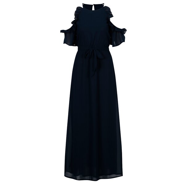 Rochie cold shoulder bleumarin cu volane si cordon in talie - Mela London