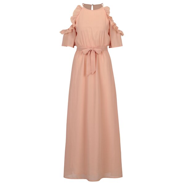 Rochie cold shoulder roz deschis cu volane si cordon in talie - Mela London