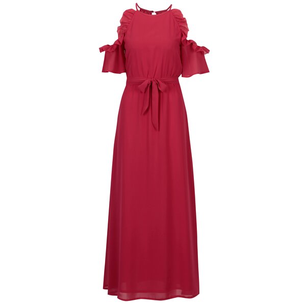 Rochie cold shoulder roz cu volane si cordon in talie - Mela London