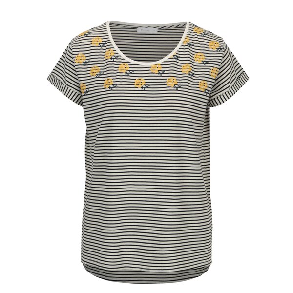 Tricou bleumarin in dungi cu broderie florala Yerse