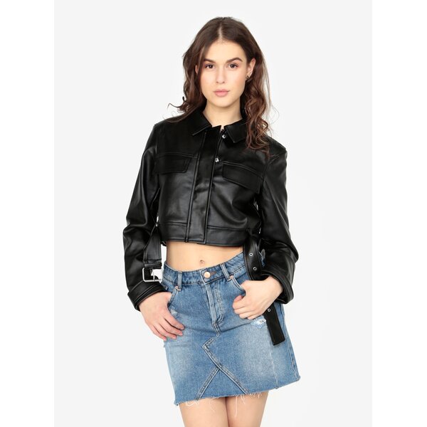 Jacheta crop neagra din piele sintetica cu tinte - MISSGUIDED Barbie