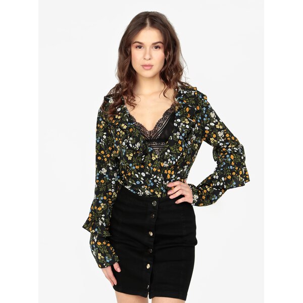 Body negru cu decolteu adanc suprapus si print - MISSGUIDED