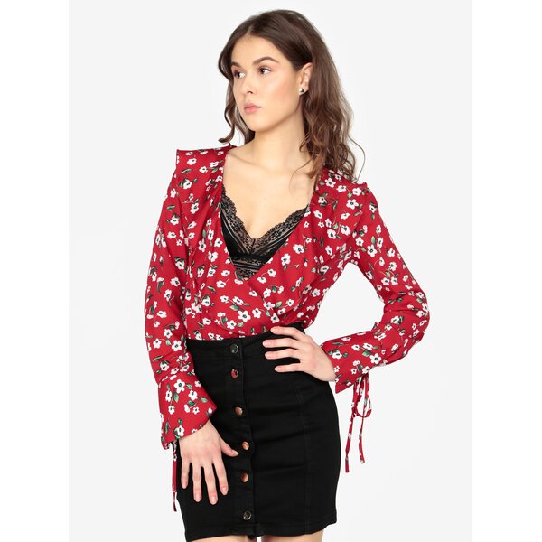 Body rosu cu decolteu adanc suprapus si print - MISSGUIDED