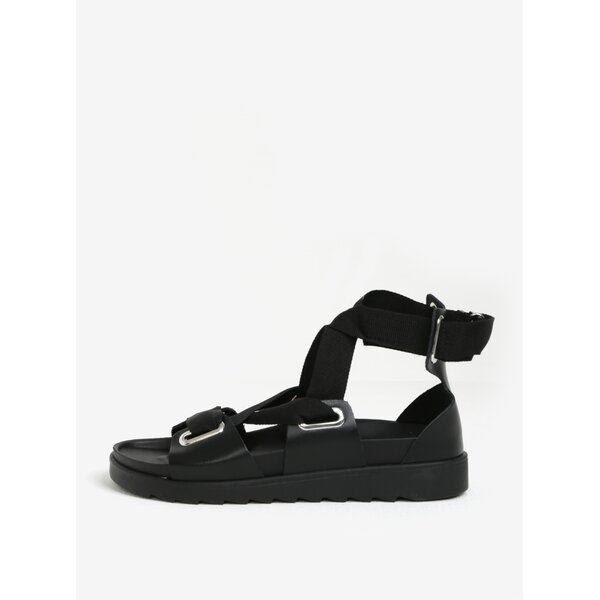 Sandale negre cu siret decorativ din piele Pieces Mariella