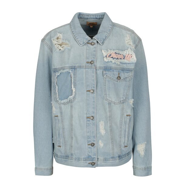 Jacheta din denim albastra cu aspect uzat si broderie ONLY Caroline