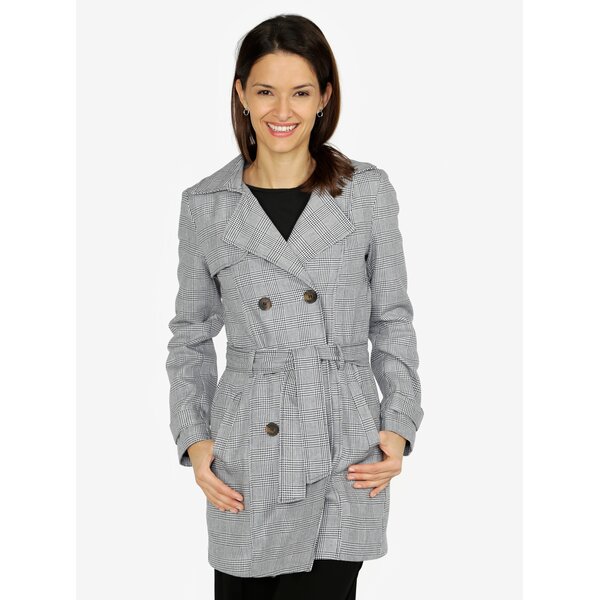 Trenci houndstooth negru & crem cu cordon in talie - ZOOT