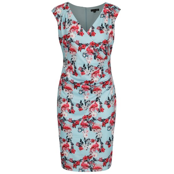 Rochie bleu cu decolteu suprapus si print flamingo - Smashed Lemon