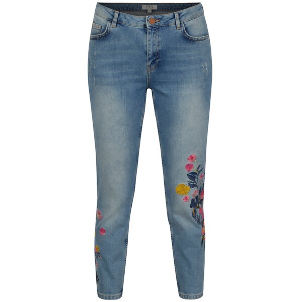 Blugi skinny albastri cu broderie florala si aspect prespalat - Dorothy Perkins
