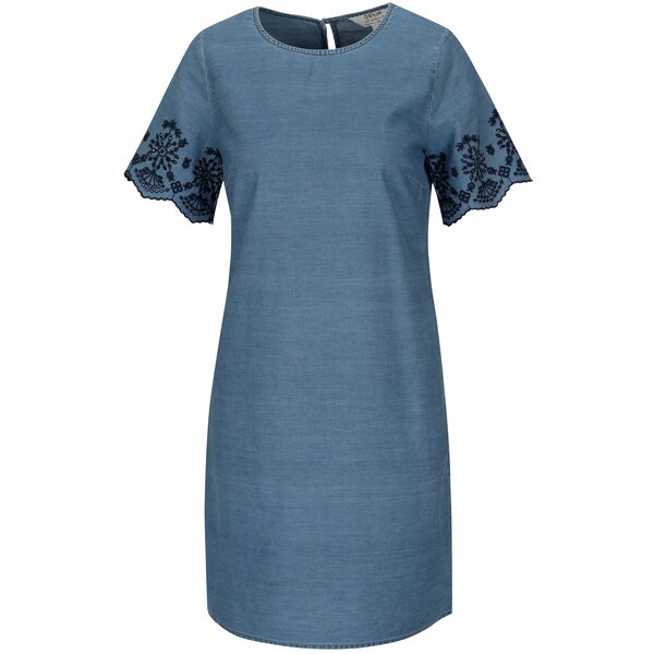 Rochie din denim albastra cu broderie florala Dorothy Perkins