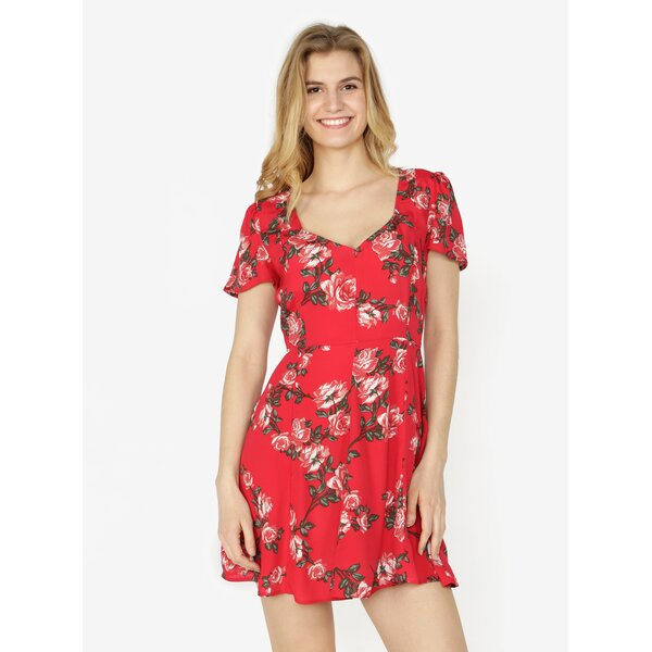 Rochie rosie cu print floral si maneci scurte Miss Selfridge