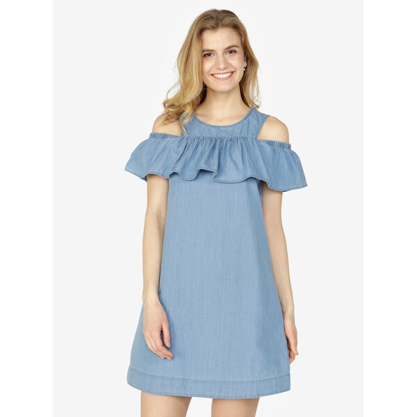 Rochie bleu cold shoulder din denim cu volan amplu - VERO MODA Samba