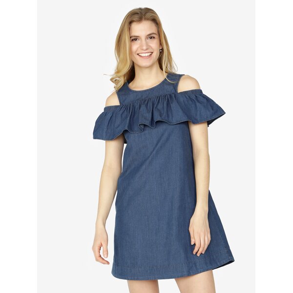 Rochie albastra cold shoulder din denim cu volan amplu - VERO MODA Samba
