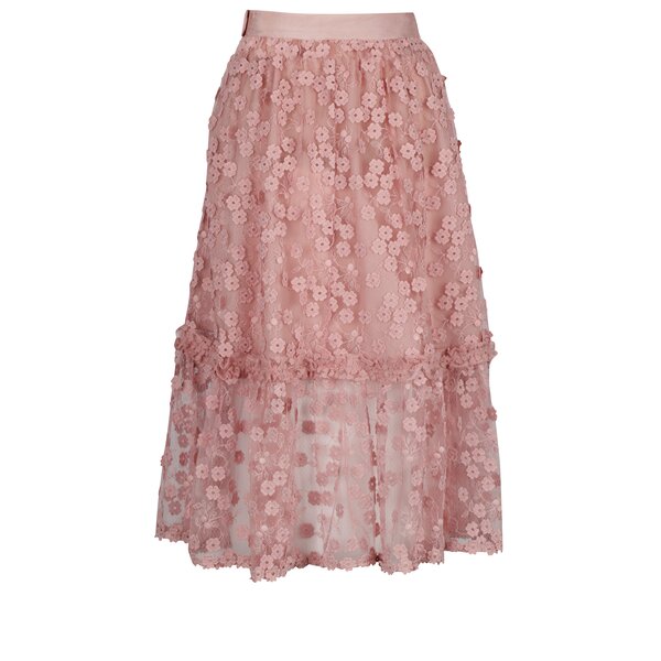 Fusta roz midi cu broderie florala - French Connection Caballo