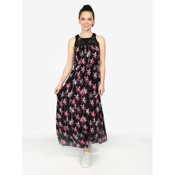 Rochie maxi neagra cu print tropical si broderie sparta Superdry