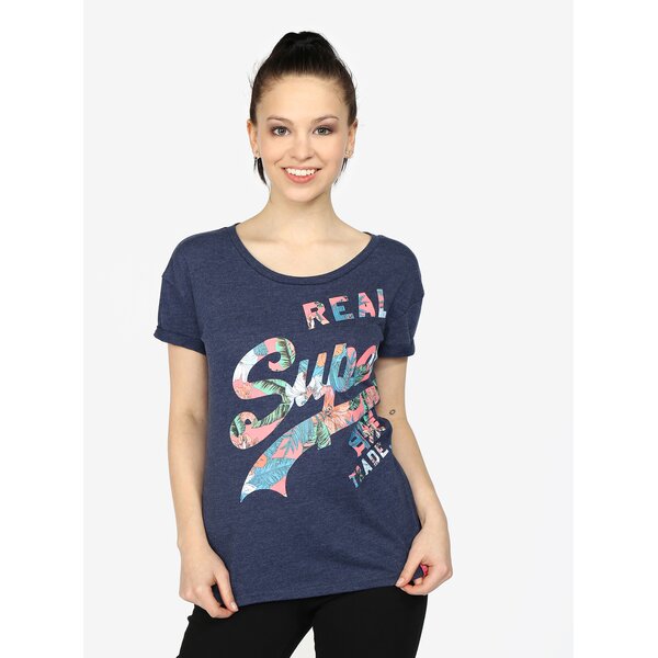 Tricou bleumarin cu print text&tropical Superdry