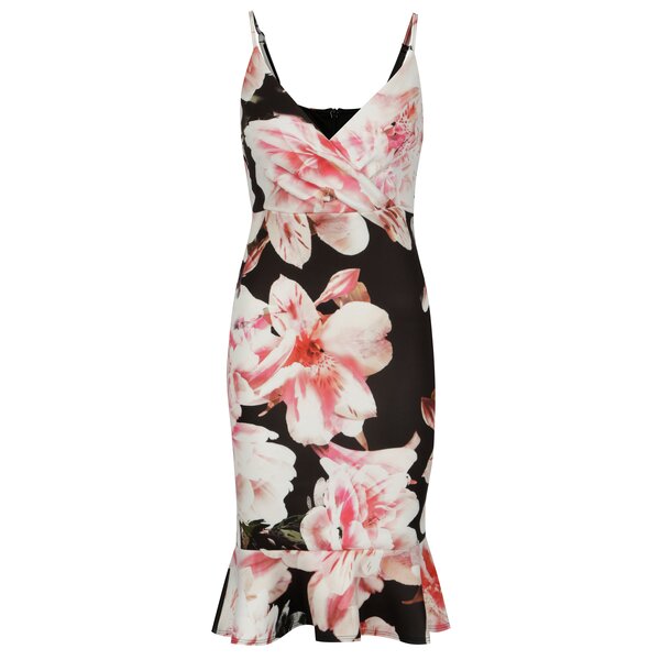 Rochie neagra cu print floral si volan decorativ - Scarlett B