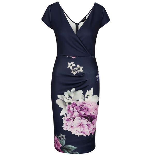 Rochie bodycon bleumarin cu print floral si decolteu suprapus - Scarlett B