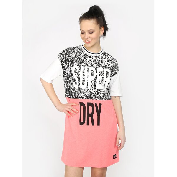 Rochie-tricou boyfriend fit roz neon&alb cu print Superdry