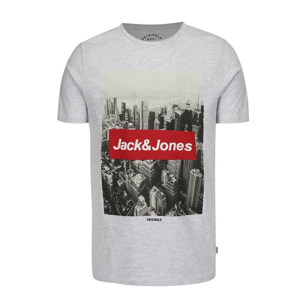 Tricou gri melanj din bumbac cu print - Jack & Jones Face