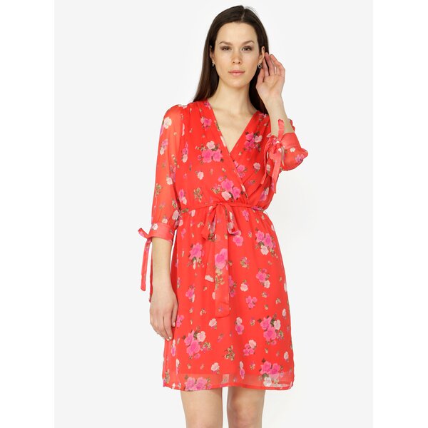 Rochie rosie cu print floral si maneci 3/4 - VERO MODA Lili mini