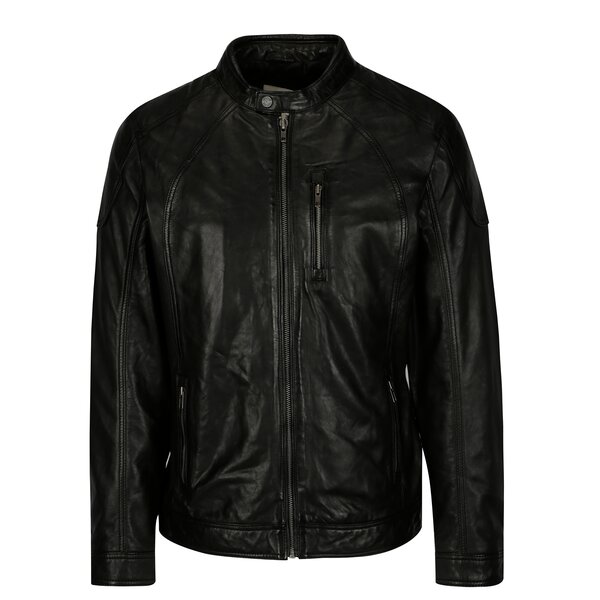 Jacheta biker neagra din piele naturala pentru barbati - Casual Friday by Blend