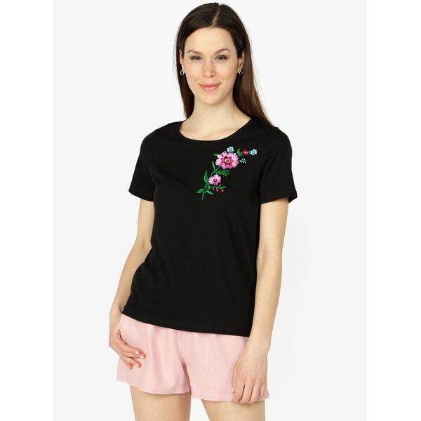Tricou negru cu broderie florala - VERO MODA Lenna