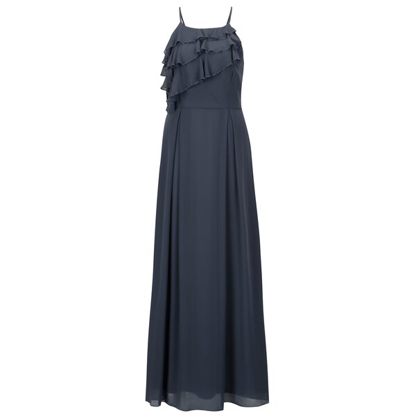 Rochie maxi gri inchis cu volane si bretele subtiri - VILA Rufina