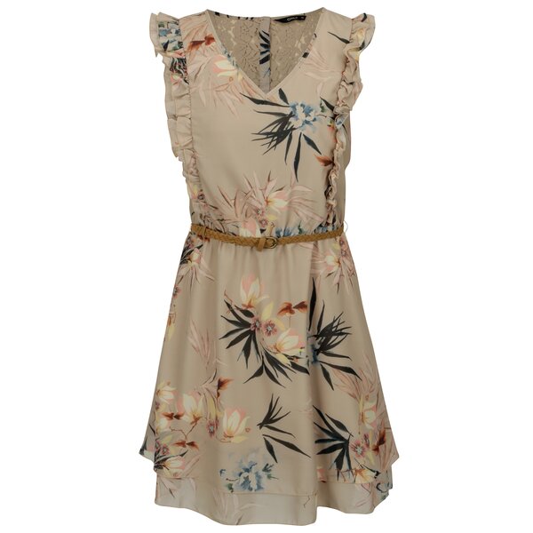 Rochie bej cu print floral detalii din dantela si volane - ONLY Libby