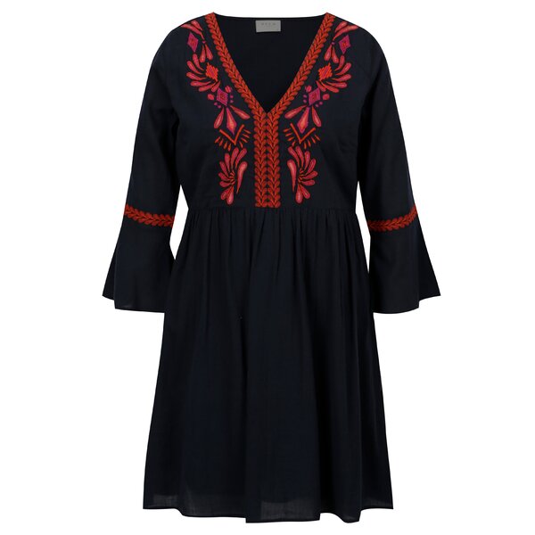Rochie bleumarin cu broderie si maneci clopot - VILA Anaya