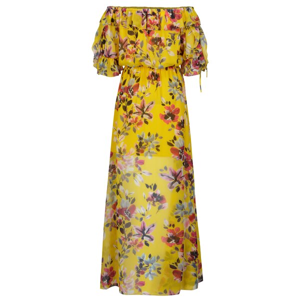 Rochie maxi galbena cu print floral si decolteu pe umeri - French Connection Linosa